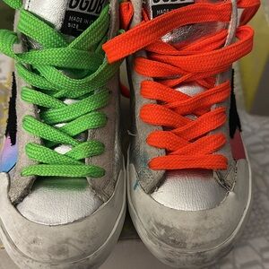 Golden Goose Green and Orange Sneakers with Distressed Look